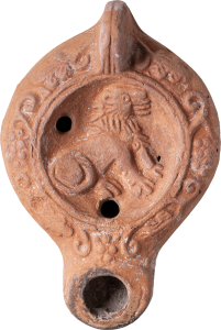 Asia Minor Type Oil Lamp, Front View, Terracotta, Early Byzantine Period, 6th–7th cent. CE, RHM Collection.
